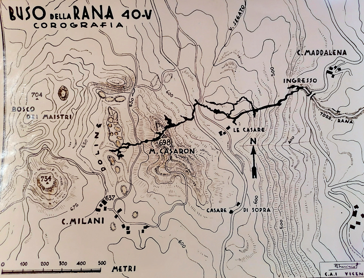 Studio dell’andamento in pianta del Buso della Rana eseguito da G. Trevisiol nel 1939.